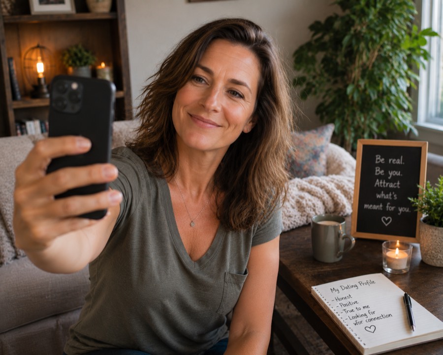 A woman takes a selfie on her phone in her living room, smiling warmly, with a notebook titled 'My Dating Profile' listing 'honest, positive, true to me' on the table beside her
