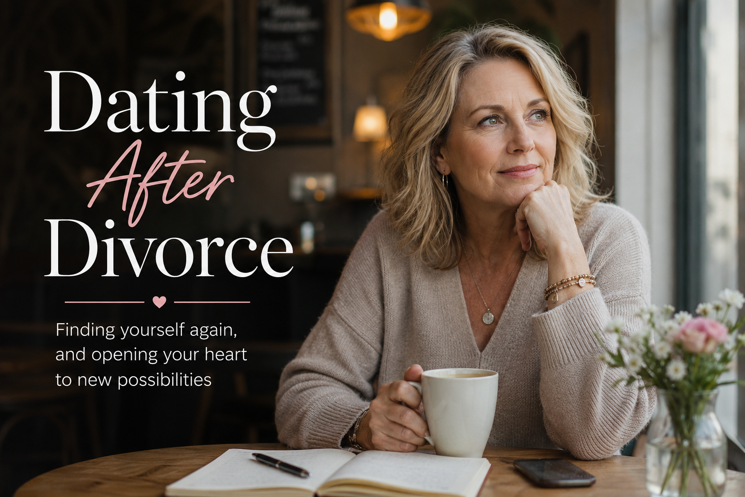 A woman sits at a café table with a coffee, an open journal, and her phone, looking out thoughtfully; text overlay reads 'Dating After Divorce — Finding yourself again, and opening your heart to new possibilities'