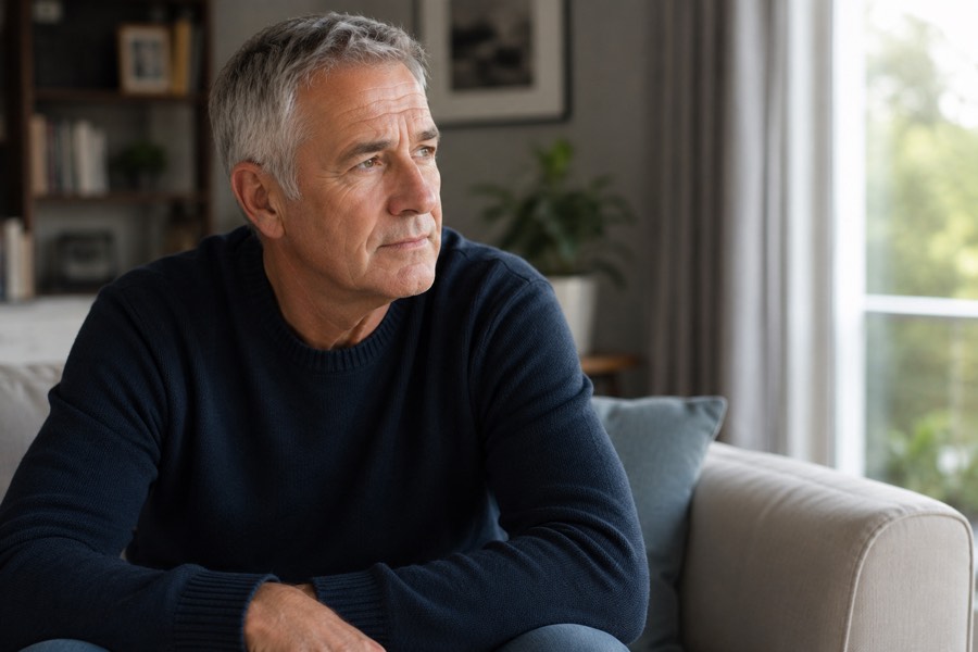 An older man sits on a sofa at home, arms resting on his knees, looking thoughtfully out of a nearby window