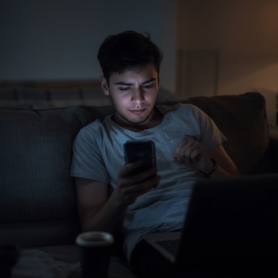 A young man sits alone on a sofa in a dark room, looking at his phone with a tired, flat expression, a laptop open beside him