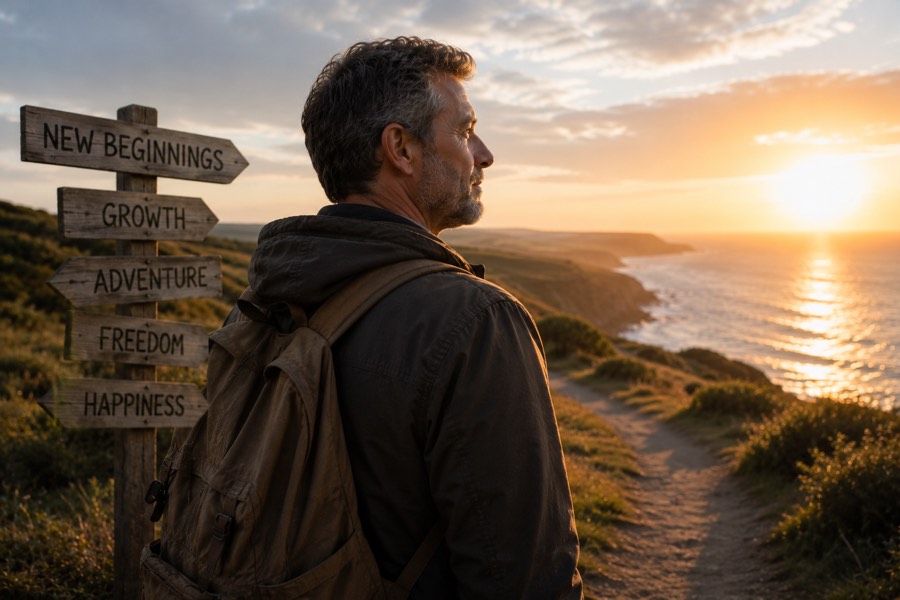 A man with a backpack stands on a coastal clifftop path at sunset, looking out at the sea beside a wooden signpost with arrows reading 'new beginnings,' 'growth,' 'adventure,' 'freedom,' and 'happiness'