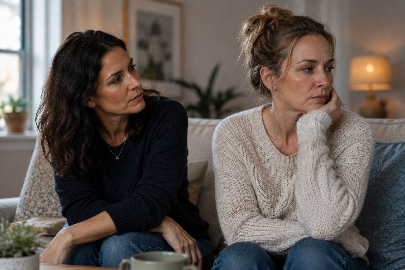 Two women sit together on a sofa; one leans in attentively while the other looks away thoughtfully, holding a mug of coffee