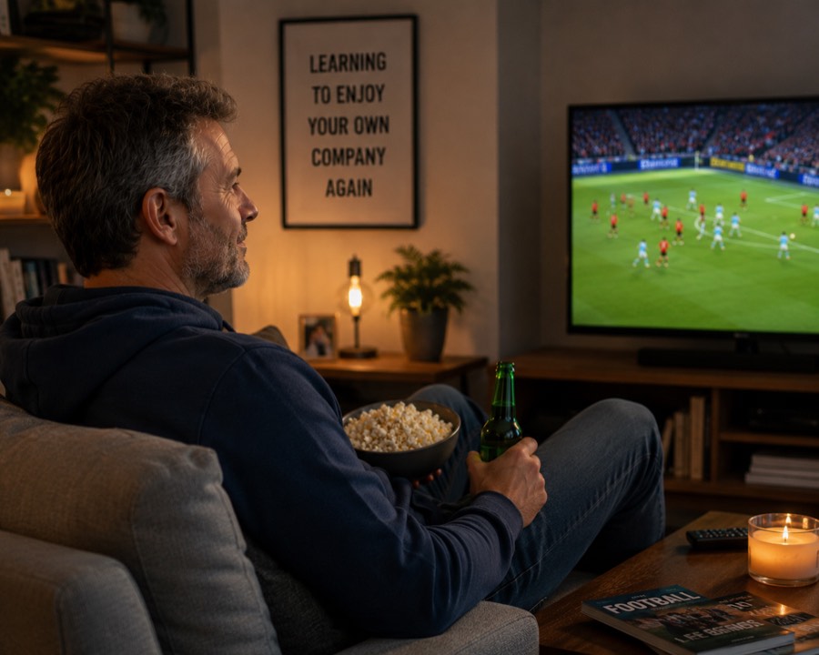 A man relaxes alone on his sofa in the evening, watching a football match on TV, smiling contentedly with a bowl of popcorn and a drink beside him, a framed sign reading 'learning to enjoy your own company again' on the wall