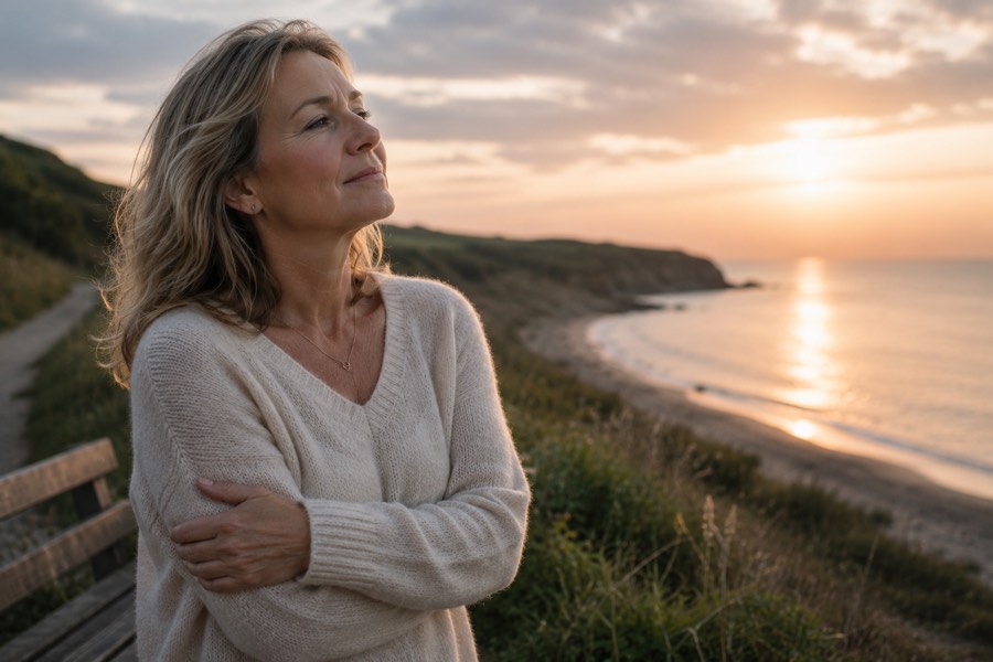 A woman stands at a coastal clifftop at sunset, arms wrapped around herself, looking out at the sea with a peaceful expression