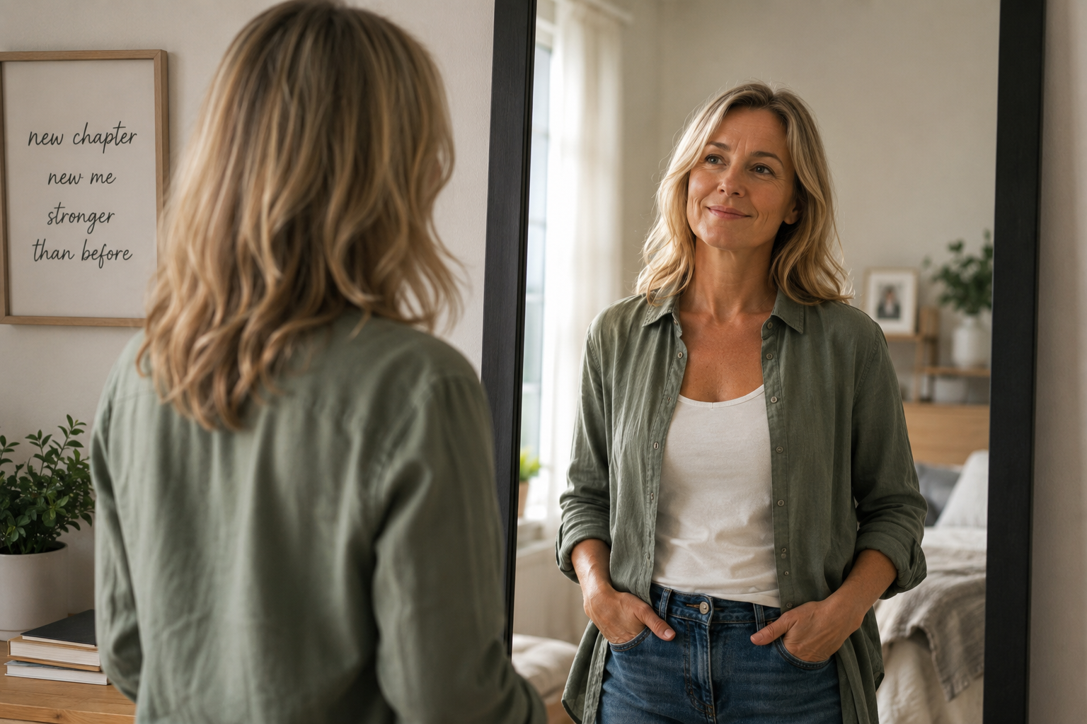A woman looks at her reflection in a mirror at home, smiling with quiet confidence, a framed sign reading 'new chapter, new me, stronger than before' on the wall behind her