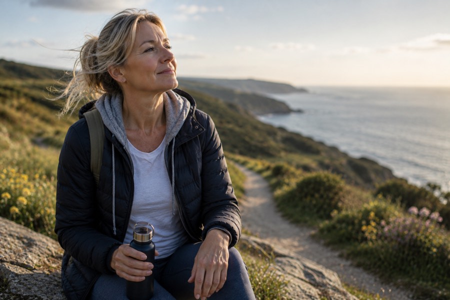 A woman sits on a rock along a coastal hiking path at sunset, holding a water bottle, looking out at the sea with a calm, contented expression