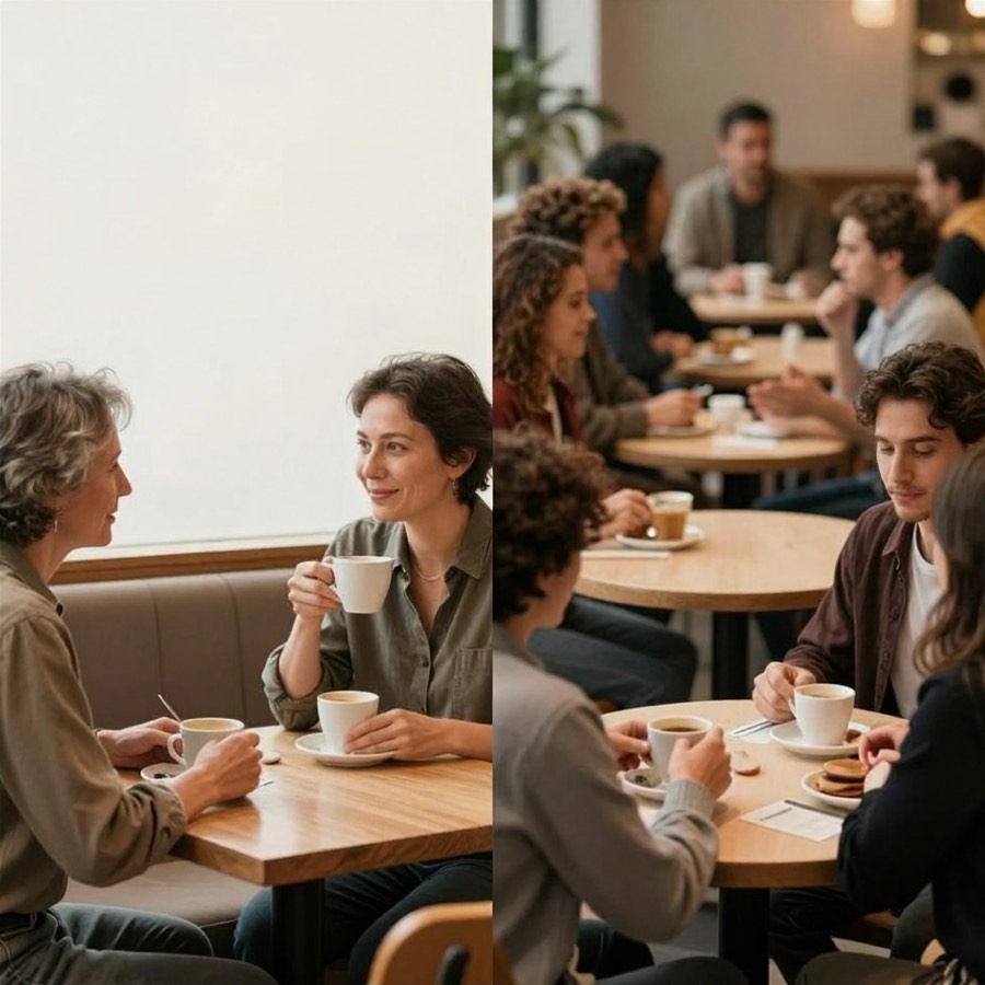 A split image: on the left, two women sit quietly having coffee and talking one-on-one; on the right, a crowded cafe full of people talking in fast-paced groups