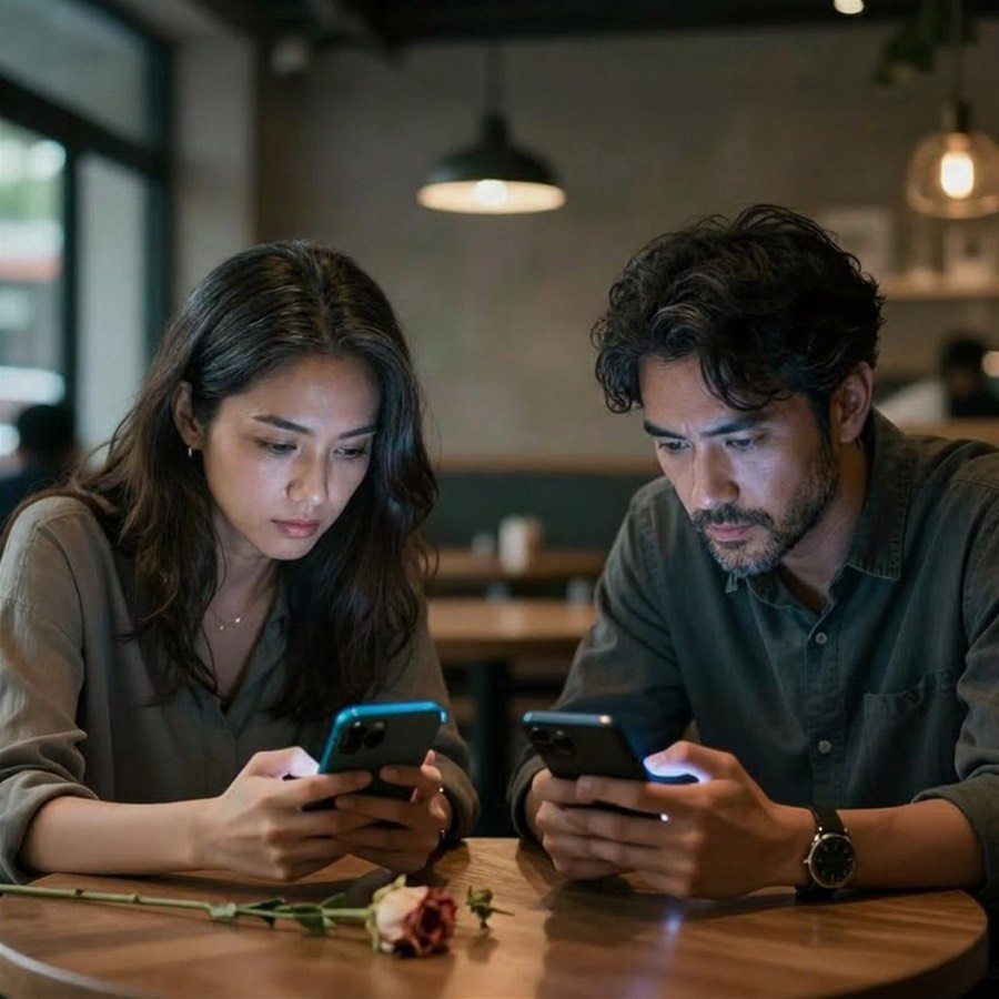 A couple sit close together at a cafe table, each looking down at their own phone instead of each other, with a wilting rose on the table
