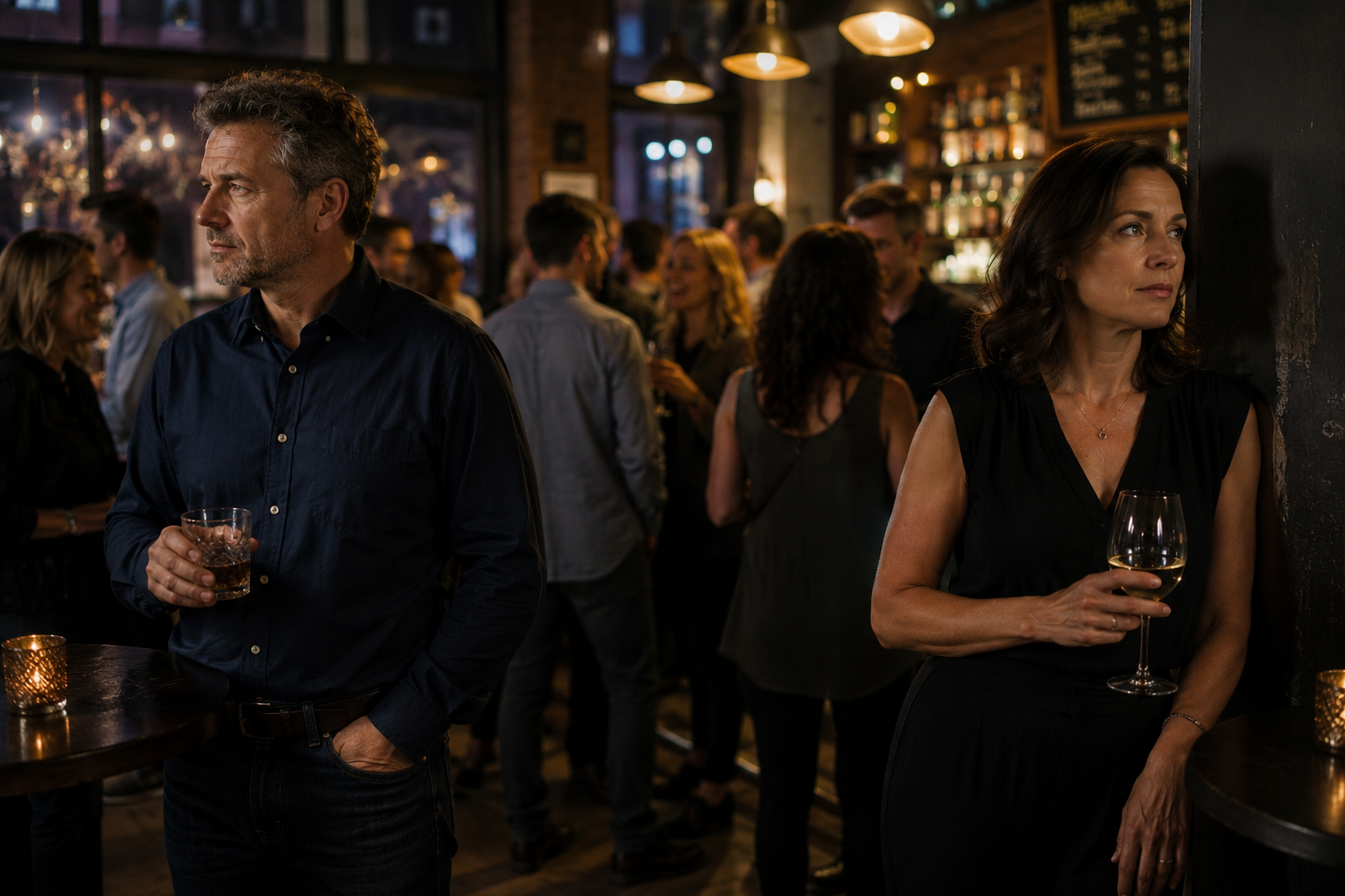 A man and a woman stand separately in a crowded, dimly lit bar, each looking away from the crowd, appearing isolated despite being surrounded by people