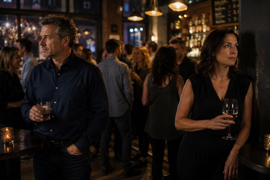 A man and a woman stand separately in a crowded, dimly lit bar, each looking away from the crowd, appearing isolated despite being surrounded by people