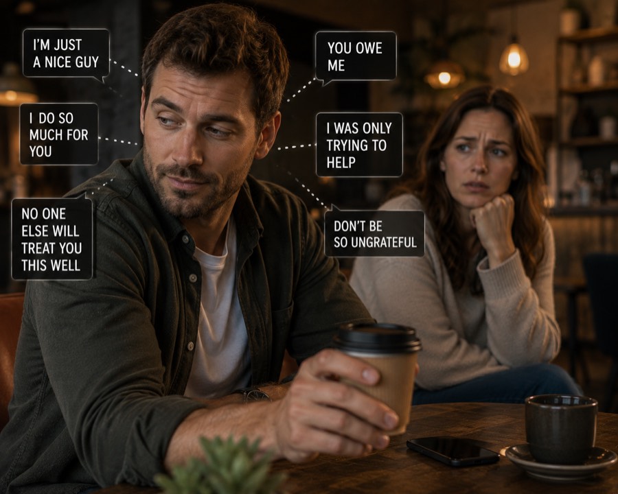 A man looks away thoughtfully while several speech bubbles around him show guilt-tripping phrases, with a concerned woman sitting behind him