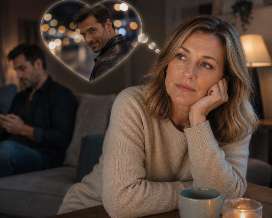 A woman sits on a sofa looking thoughtfully away, while in the background a man on his phone is out of focus; a heart-shaped thought bubble above her shows a different man
